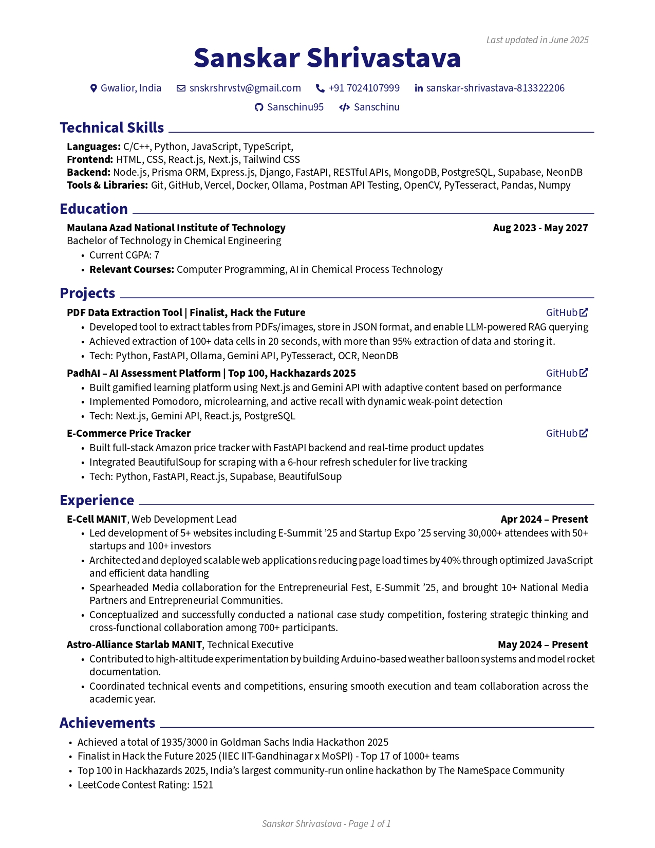 Sanskar Shrivastava Resume